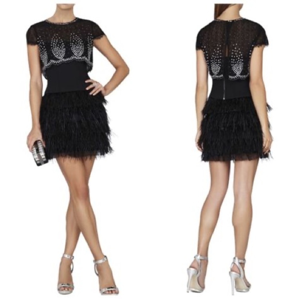 BCBG Karley Embellished Overlay Feather Dress